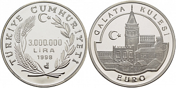 Турция 3000000 лир 1998 Галатская башня (Галата Кулеси), тираж 7843 экземпляра KM 1086 серебро PROOF 05-140-41