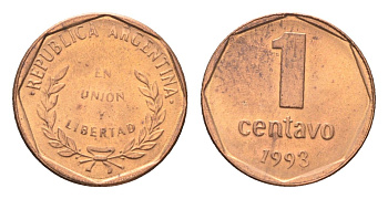 Аргентина 1 сентаво 1993 KM 113a бронза UNC 4664-213