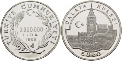 Турция 3000000 лир 1998 Галатская башня (Галата Кулеси), тираж 7843 экземпляра KM 1086 серебро PROOF 05-140-41