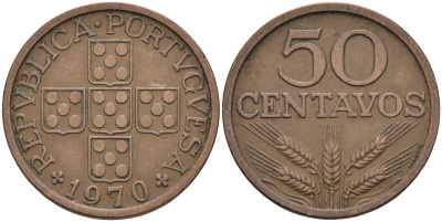 Португалия 50 сентаво 1970 KM 596 бронза 4126-551