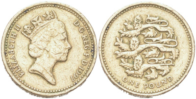 Великобритания 1 фунт 1997 Елизавета II (1952-2022) KM 975 никель латунь 4128-754