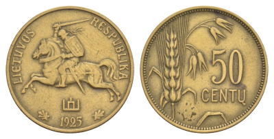 Литва 50 центов 1925 KM 75 алюминиевая бронза 4637-245