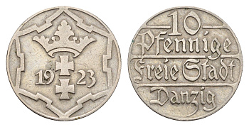 Данциг 10 пфеннигов 1923 год-тип KM 143 медно-никель 4160-1048