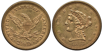 США 2 1/2 доллара 1873 голова Свободы золото 00-000-00