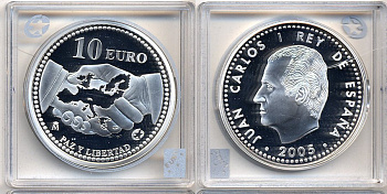 Испания 10 евро 2005 M, 60 лет миру и свободе в Европе KM 1065 серебро PROOF 5-3-1-40