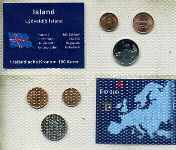 Исландия набор из 3 монет (5 и 10 эйре; 1 крона) 1981 и 2005 в красочном блистер, в запайке KM 24, 25 и 27a UNC 4-3-2-48