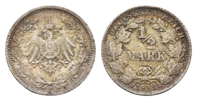 Германия 1/2 марки 1918 F KM 14, J. 17 серебро 4164-557
