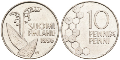 ФИНЛЯНДИЯ 10 ПЕННИ 1996 М, ЛАНДЫШ KM 65 медно-никель 192-1145