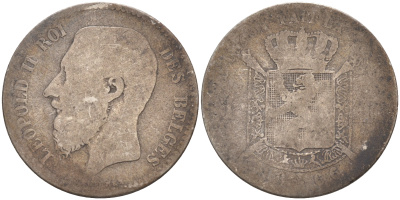 БЕЛЬГИЯ 1 ФРАНК 1866 ЛЕОПОЛЬД II (1865-1909), BELGES KM 28.1 серебро 4114-954