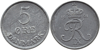Дания 5 эре 1961 C; S, Фредерик IX (1947-1972) KM 843.2 цинк UNC 51-4716
