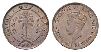 Цейлон 1 цент 1945 Георг VI (1936-1952) KM 111a бронза UNC 4528-465