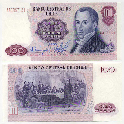 Чили 100 песо 1983 Диего Порталес Паласуэлос Pick 152b бумага UNC (пресс) 00-00