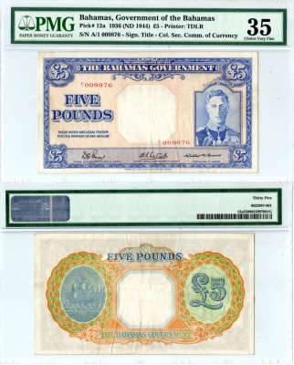 Багамский Острова (Багамы) 5 фунтов 1936 в холдере компании PMG, Choice Very Fine 35, Георг VI, парусник, узор Pick 12 a бумага 452-3-17