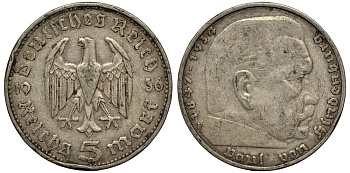 Германия 5 рейхсмарок 1936 F, Пауль фон Гинденбург (1847-1934) KM 86, J. 360 серебро 413-1832