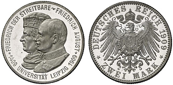 Саксония 2 марки 1909 500 летие университета Лейпцига J. 138 серебро PROOF 00-000-00