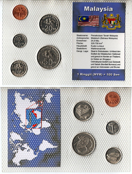 Малайзия набор из 5 монет (1, 5, 10, 20 и 50 сен) 2005 и 2008 в красочной упаковке с информацией о стране KM 49, 50, 51, 52 и 53 UNC 3-4-1-33