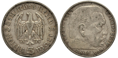 Германия 5 рейхсмарок 1936 F, Пауль фон Гинденбург (1847-1934) KM 86, J. 360 серебро 413-1832