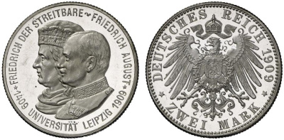 Саксония 2 марки 1909 500 летие университета Лейпцига J. 138 серебро PROOF 00-000-00
