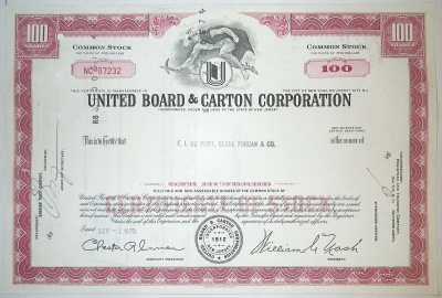США, United Board & Carton Corporation 100 акций 1970 бумага 00-00