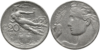 Италия 20 чентезимо 1913 R, Виктор Эммануил III (1900-1946) KM 44 никель 4681-1251