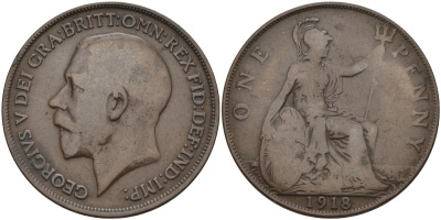 Великобритания 1 пенни 1918 Георг V (1910-1936) KM 810, Spink 4051 бронза 4149-722