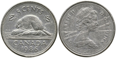 Канада 5 центов 1986 Елизавета II (1952-2022), бобер KM 60.2 a медно-никель 4543-657