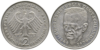 ФРГ 2 марки 1990 D, Курт Шумахер KM 149, J. 424 медно-никель плакированный никелем 4680-325
