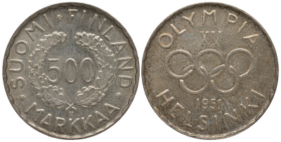 Финляндия 500 марок 1951 H, XV зимние Олимпийские игры в Хельсинки 1952 года KM 35 серебро 00-814-38