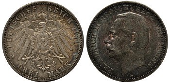 Баден 3 марки 1911 Фридрих II (1907-1918) J. 39, KM 280 серебро    3711-1711