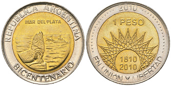 Аргентина 1 песо 2010 200 лет Аргентине - Мар-дель-Плата KM 158 биметалл UNC 4620-654