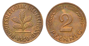 ФРГ 2 пфеннига 1950 F KM 106, J. 381 бронза 4682-1052