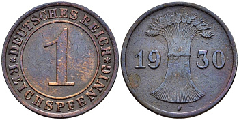 ГЕРМАНИЯ 1 РЕЙХСПФЕННИГ 1930 F KM 37, J. 313, Weege 2 бронза 4547-152
