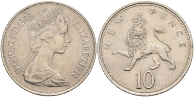 Великобритания 10 пенсов 1969 Елизавета II (1952-2022) KM 912, Spink 4231 (F1) медно-никель 4117-623