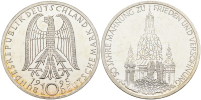 ФРГ 10 марок 1995 J, Дрезден, 50 лет в мире и согласии KM 185 серебро 4185-914