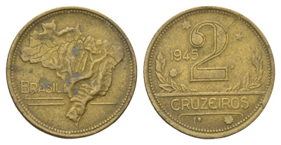 Бразилия 2 крузейро 1945 KM 559 алюминиевая бронза 4556-1226
