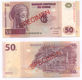 ДР Конго 50 франков 2000 маска, рыбаки, SPECIMEN Pick 91s бумага UNC (пресс) 7222-53-1