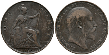 Великобритания 1 пенни 1905 Эдуард VII (1901-1910) KM 794.2, Spink 3990 бронза 32-832