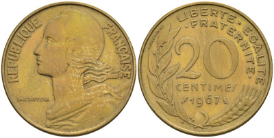 Франция 20 сантимов 1967 тип Marianne KM 930 медь алюминий никель    4595-1053
