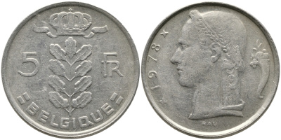 БЕЛЬГИЯ 5 ФРАНКОВ 1978 BELGIQUE KM 134.1 медно-никель 65-1147