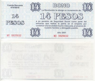 Куба талон на 14 песо 2001 увеличение фонда социальной защиты для пенсионеров и ветеранов революции, с корешком   бумага  UNC (пресс) 00-00