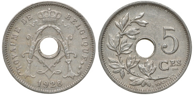 БЕЛЬГИЯ 5 САНТИМОВ 1928 BELGIQUE KM 66 медно-никель 72-1659