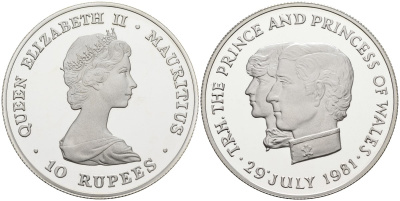 Маврикий 10 рупий 1981 королевская свадьба принца Чарльза и леди Дианы, 29 июля 1981, тираж 2090 экз. KM 46а серебро PROOF 00-00
