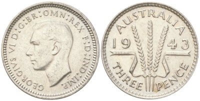Австралия 3 пенса 1943 Георг V (1936-1952) KM 37 серебро 4621-1158