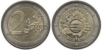 СЛОВЕНИЯ 2 ЕВРО 2012 10 ЛЕТ НАЛИЧНОМУ ЕВРО KM 107 биметалл 4384-636