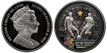 Британские Виргинские острова 1 доллар 2018 Чемпионат мира по футболу в России 2018 года, два игрока, цветная эмаль KM NEW медно-никель UNC 1077-9-21
