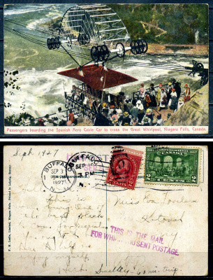 Канада открыка 1927 пассажиры на испанской канатной дороге над Большим водоворотом Ниагары, с 2 марками в 2 цента 2193-51