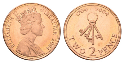 Гибралтар 2 пенса 2006 300 лет захвату Гибралтара KM 1044 сталь плакированная медью UNC 4119-353