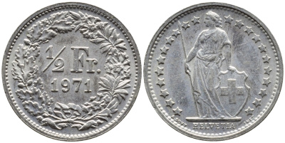 Швейцария 1/2 франка 1971 KM 23а.1 медно-никель 4392-138
