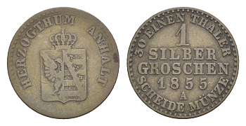 Ангальт-Бернбург 1 серебряный грош 1855 A, Александр Карл (1834-1863) KM 95, AKS 23, J. 69 серебро 1525-1132
