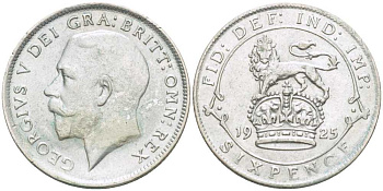 Великобритания 6 пенсов 1925 Георг V (1910-1936), широкий ободок KM 815a.1, Spink 4024 серебро 75-1138